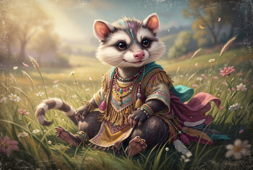 Cute 3D opossum in bohemian clothes in wildflower meadow