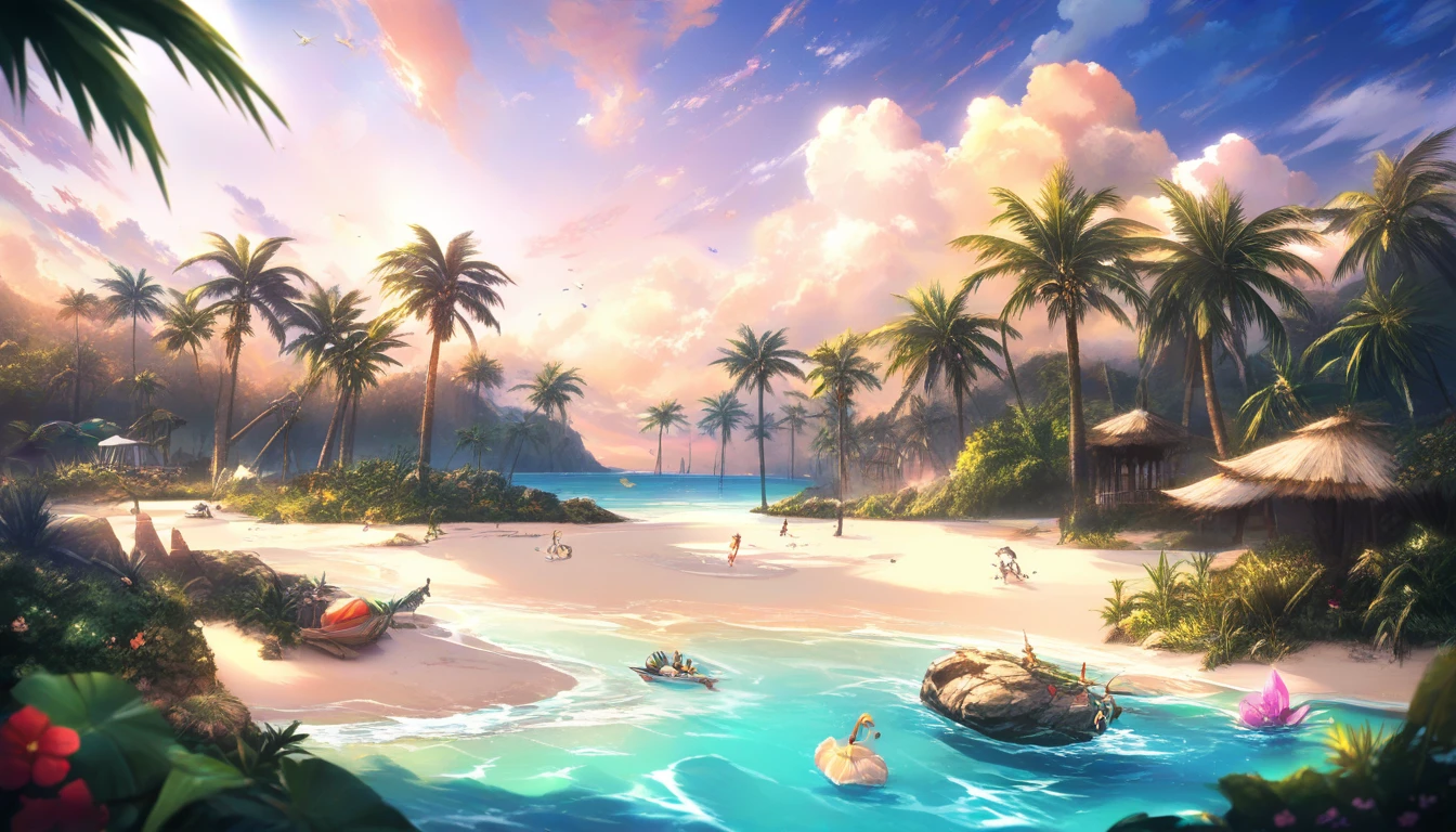 Avventurieri a fumetti esplorano un paradiso su un'isola tropicale