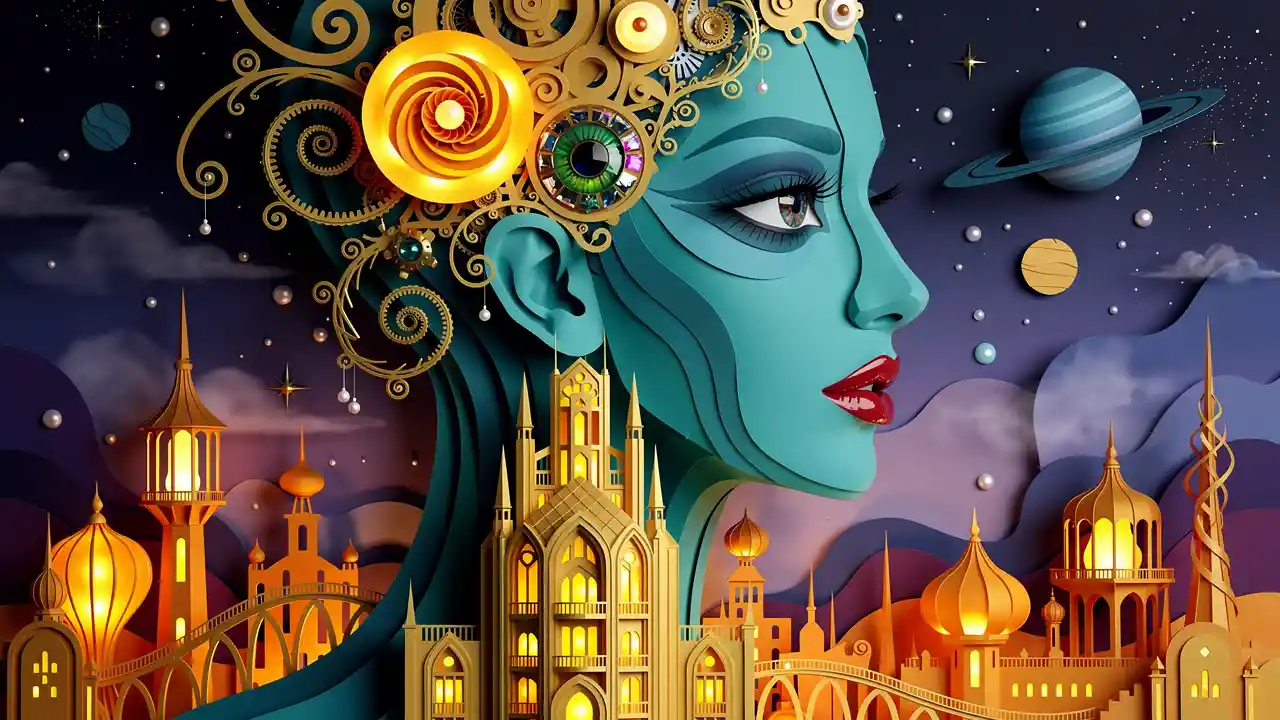 Surreal Psychedelic Woman Merging With Cosmic Cityscape