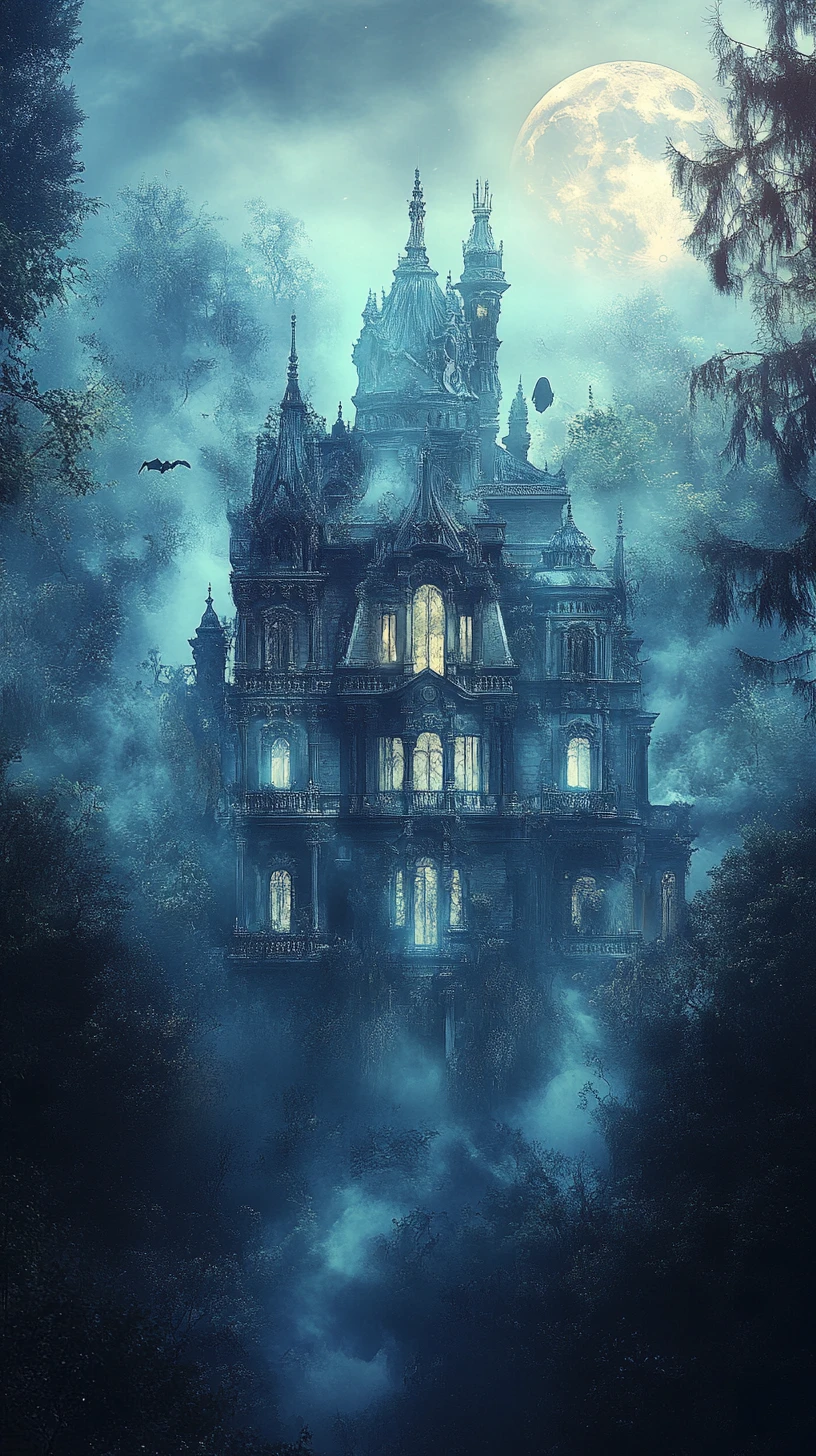 Surreal baroque mansion merging with misty enchanted forest