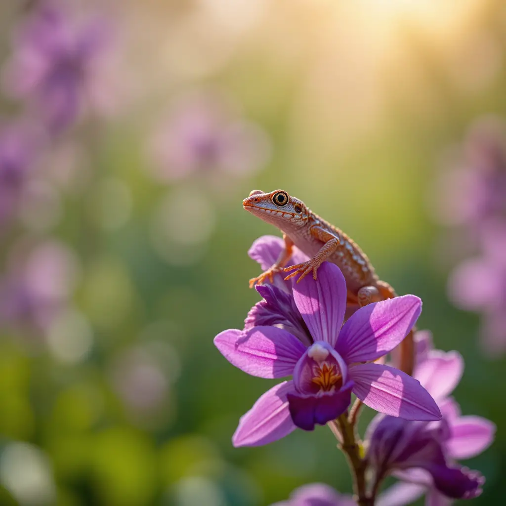 Gecko auf Orchidee in heller Sommerwiese