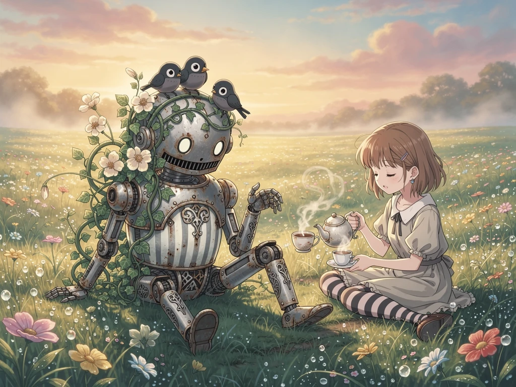 Gentle robot resting in a wildflower meadow at dawn
