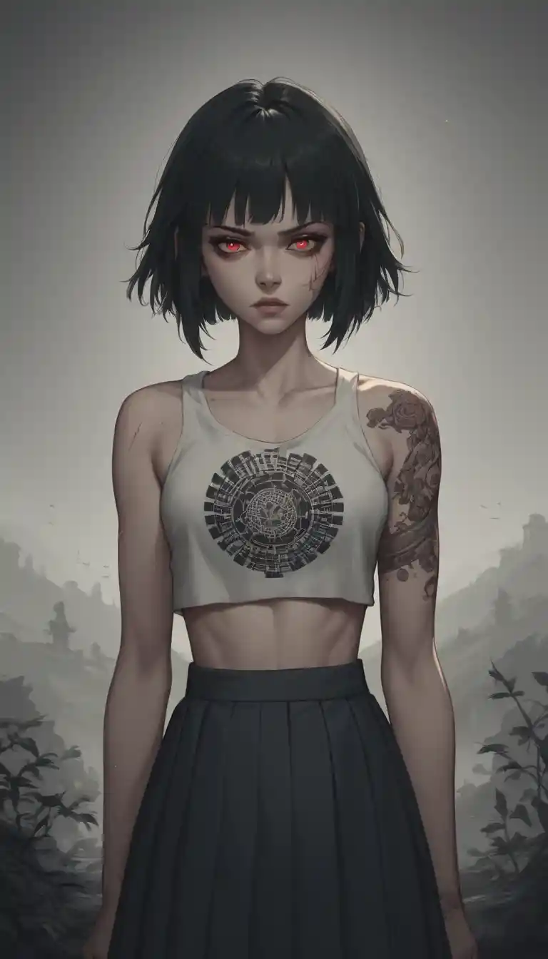 Japanese schoolgirl with tattoos in harsh fluorescent interior