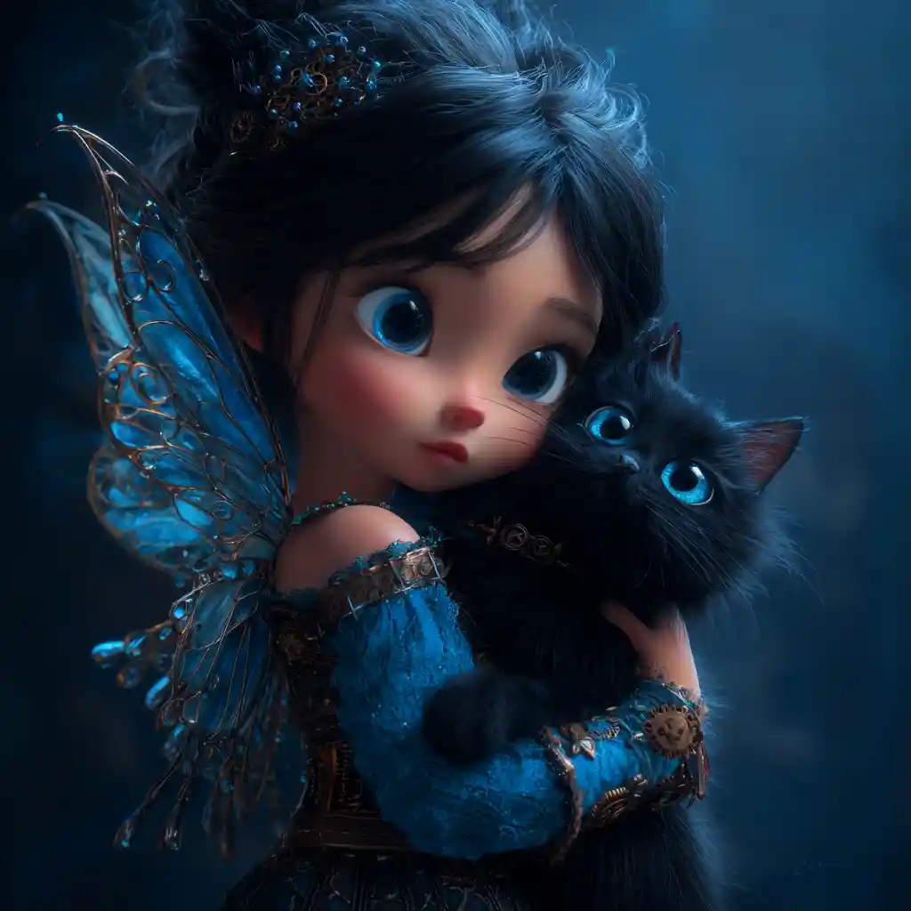 Cute fairy toddler cuddling a silky black cat