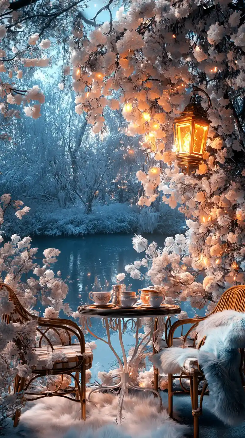 Rococo balcony with flowers at sunrise by a frosty lake