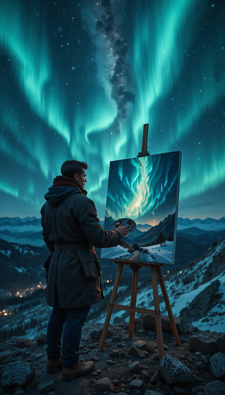 Painter capturing aurora over mountain summit at night