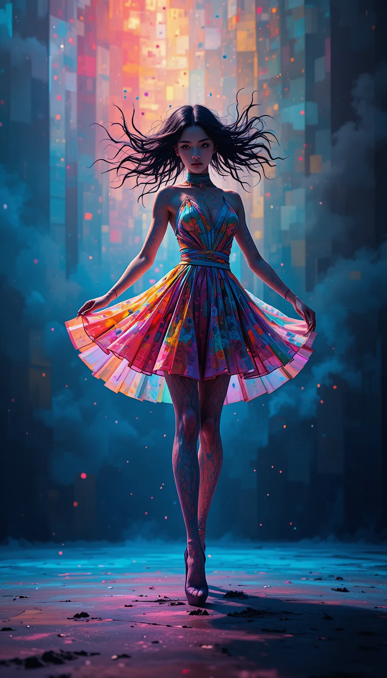 Colorful abstract dancing woman on geometric electro cover