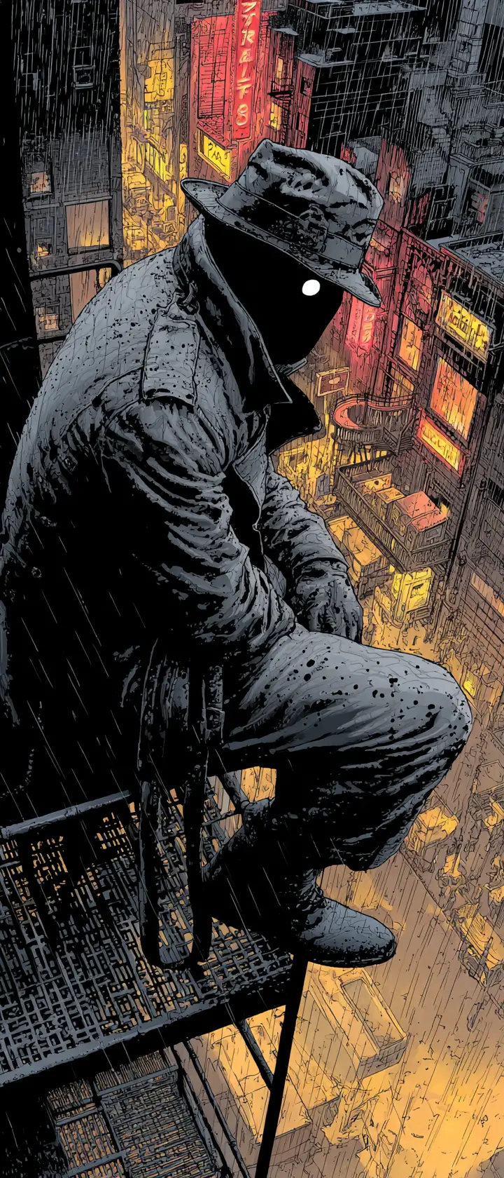 Masked vigilante on a rainy new york fire escape