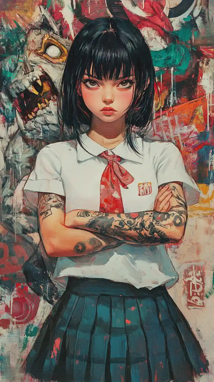 Studentessa delle superiori in stile anime sfida una severa figura autoritaria