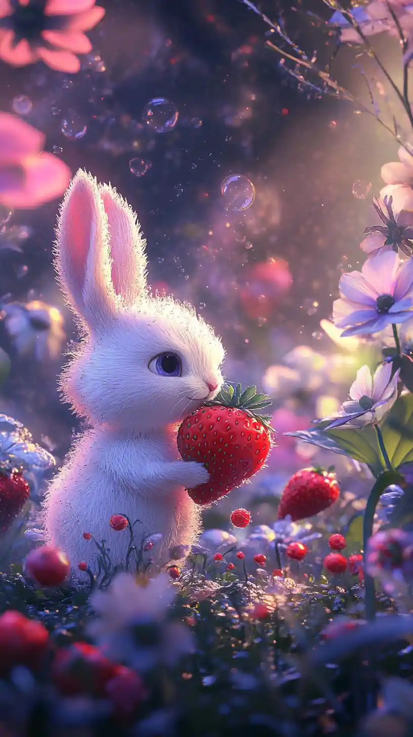White rabbit with giant strawberry in a magical garden