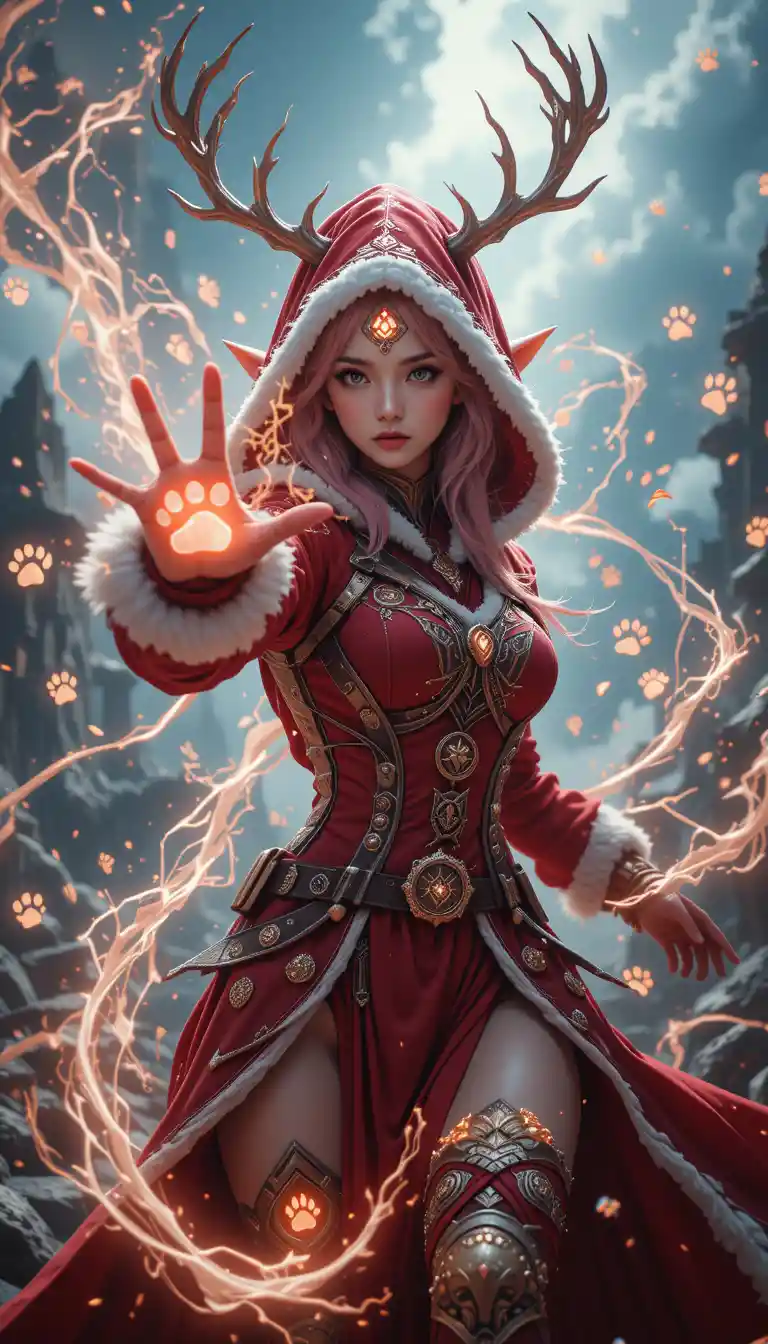 Anime mage girl casting cat rune magic in low angle view