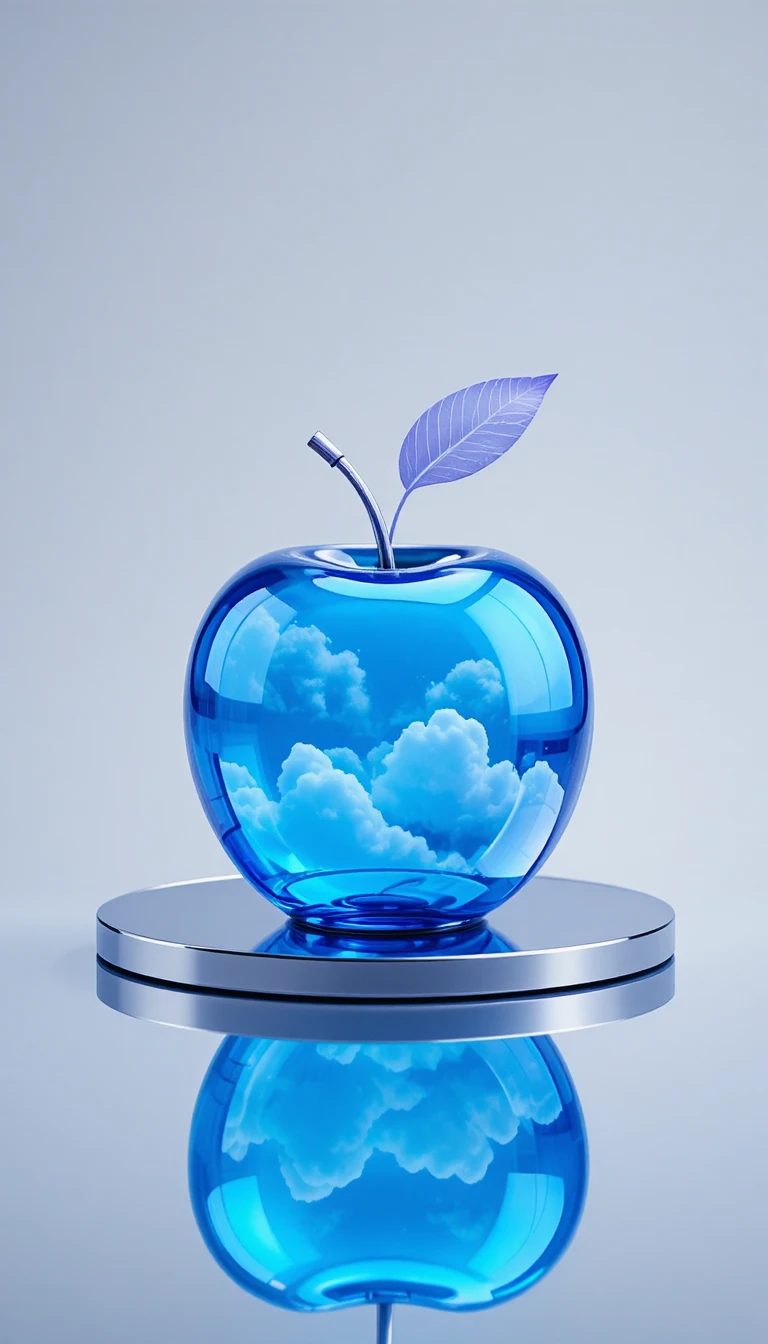 Blue glass apple with clouds on reflective metal table