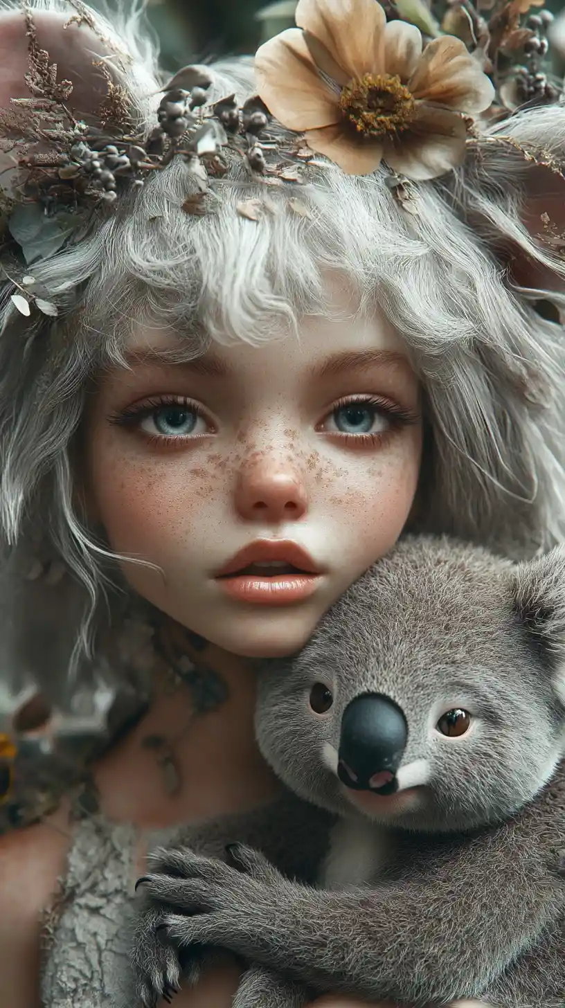 Crying woman in tulle skirt hugging a koala plush