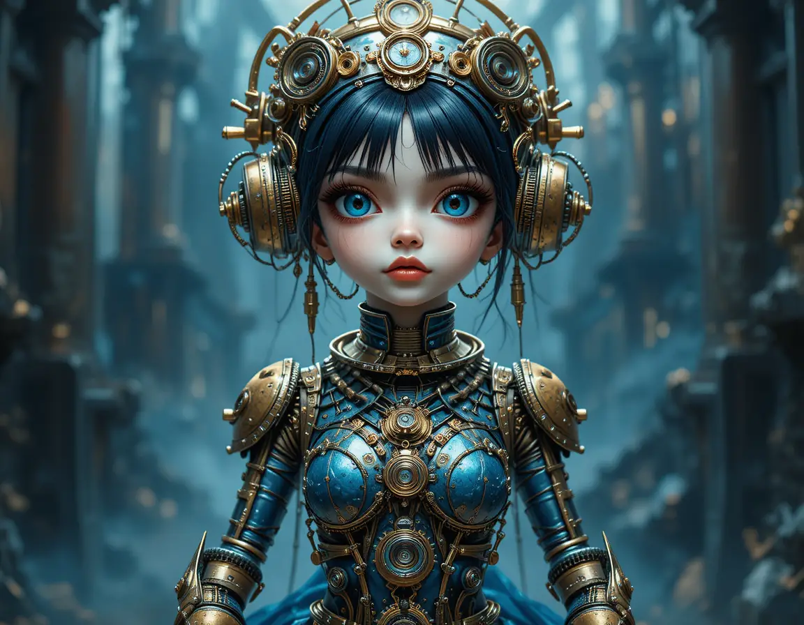 Steampunk cyborg doll queen with brass clockwork details