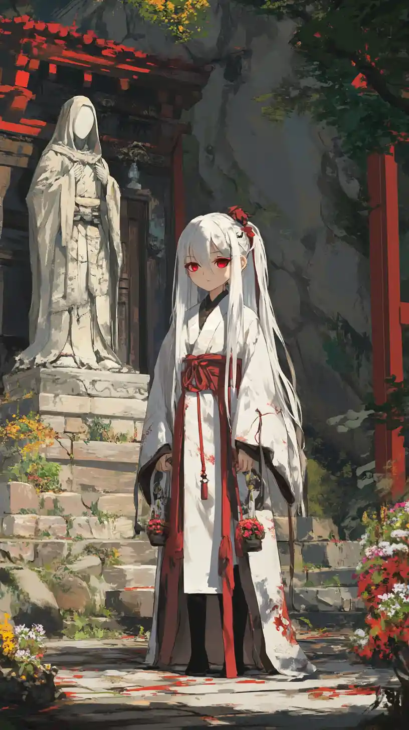 Chica de anime con túnica blanca en el patio de un templo antiguo