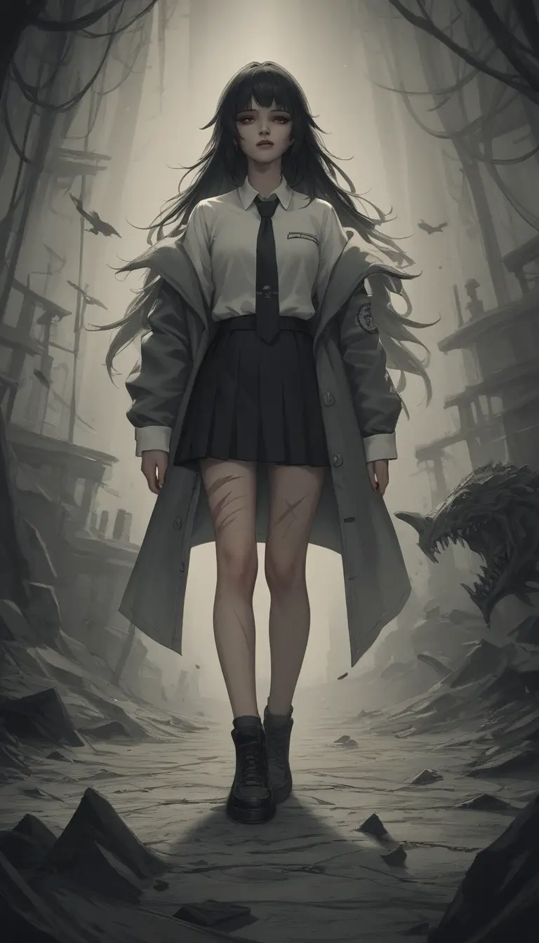Tattooed Japanese schoolgirl in harsh fluorescent school hallway