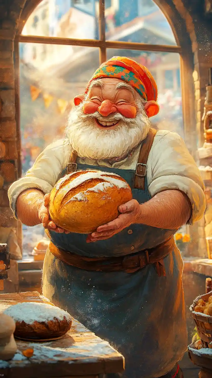 Elderly gnome baker taking fresh bread from stone oven