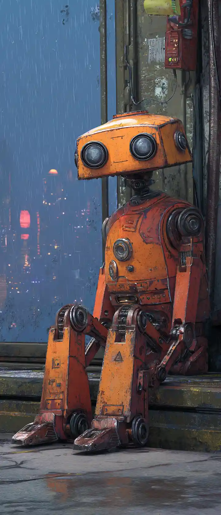 Robot triste seduto in un cupo ambiente industriale