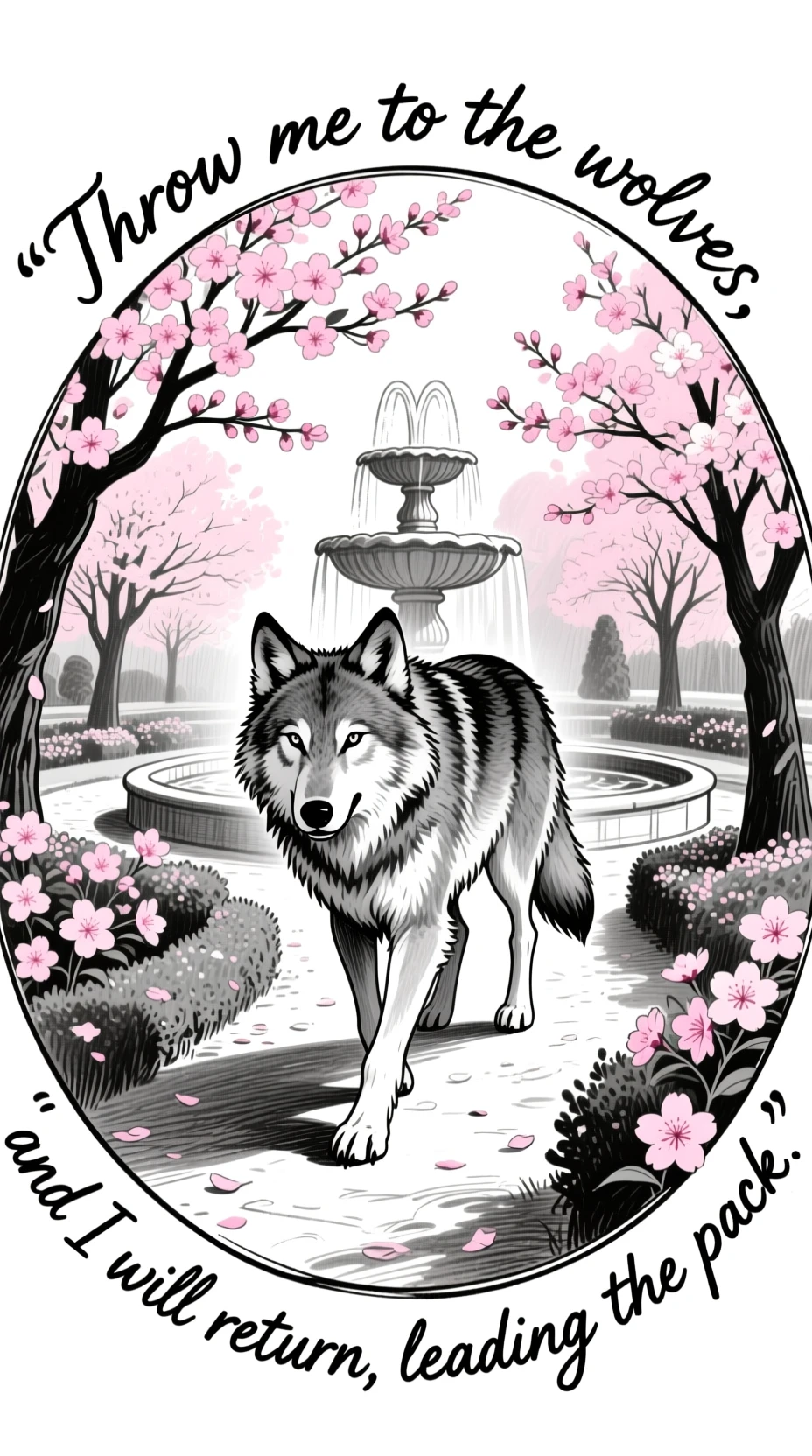 Majestic wolf walking through a cherry blossom garden