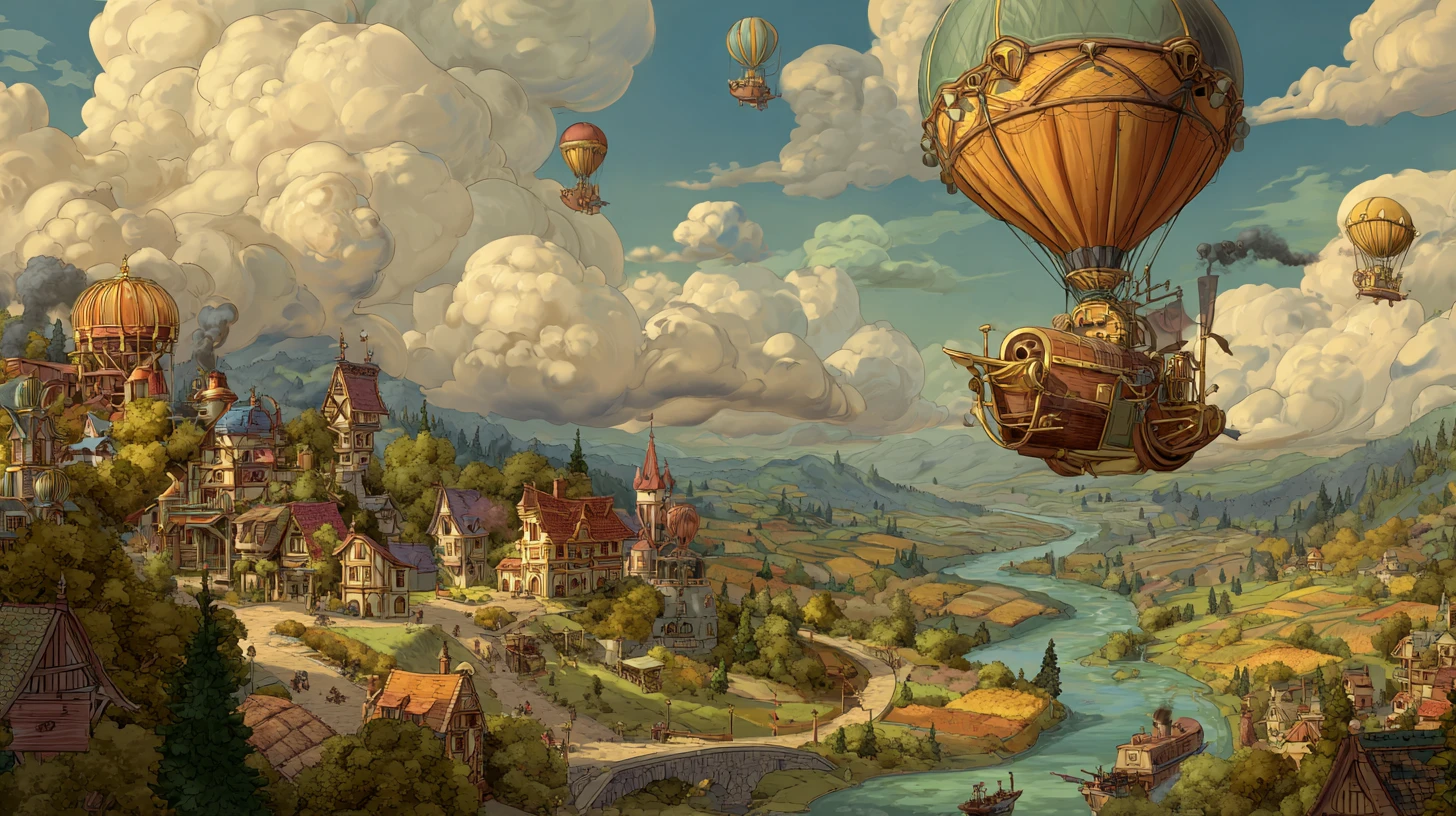 Ville Steampunk Fantaisiste dans une Vallée Verte Baignée de Soleil