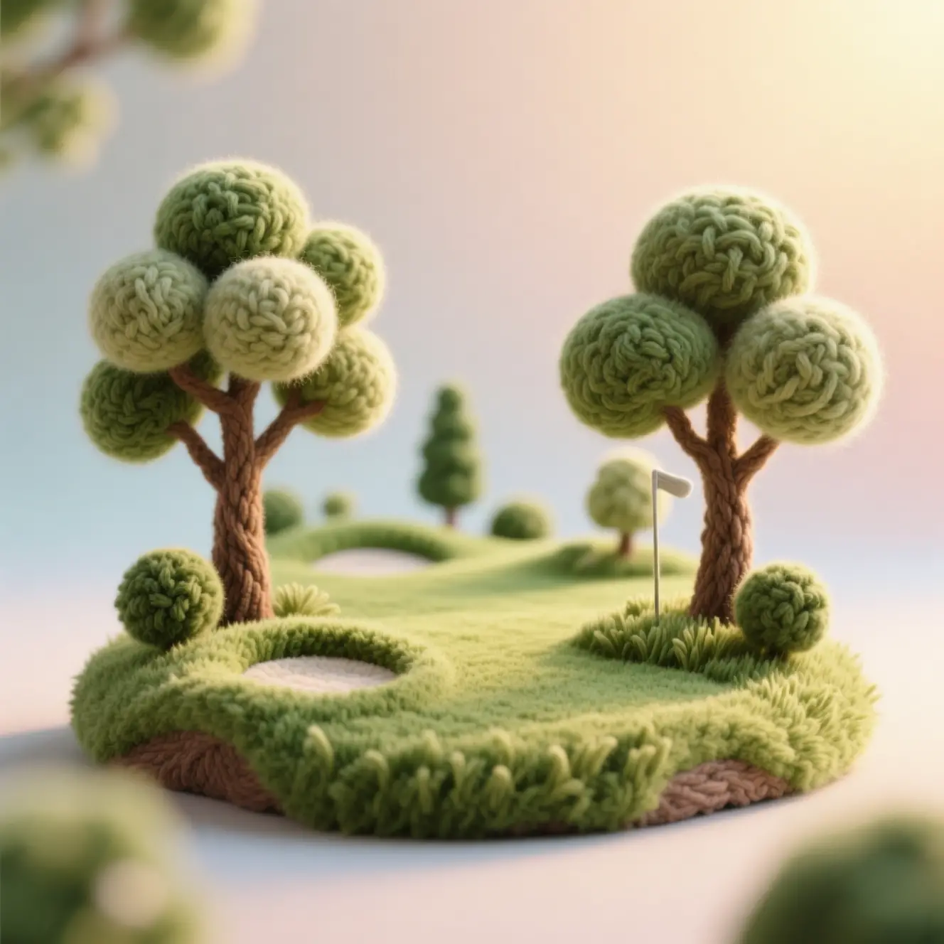 Woolen sculpture of a serene golf course meadow
