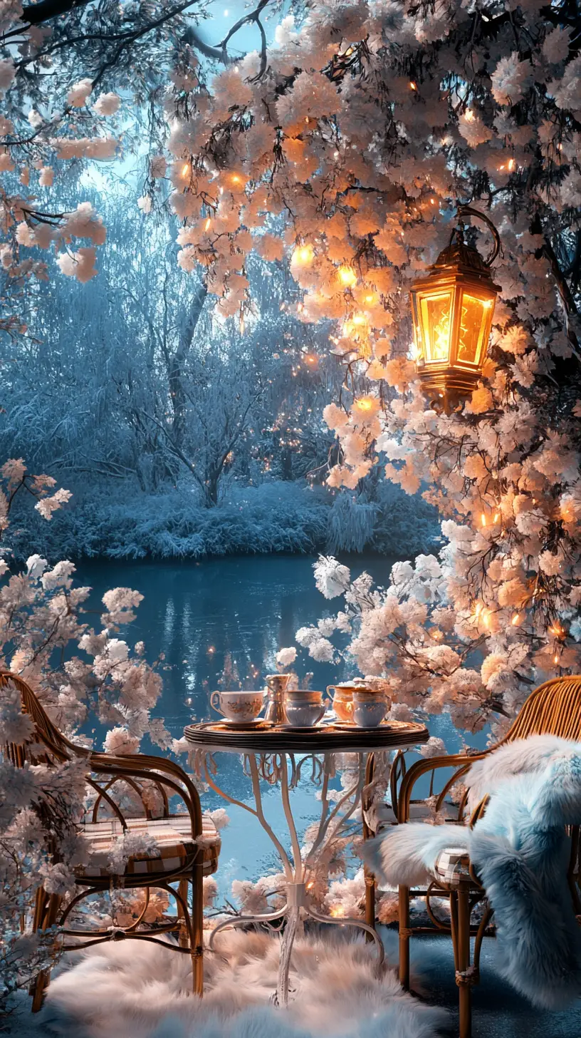 Rococo balcony with flowers at sunrise by a frosty lake