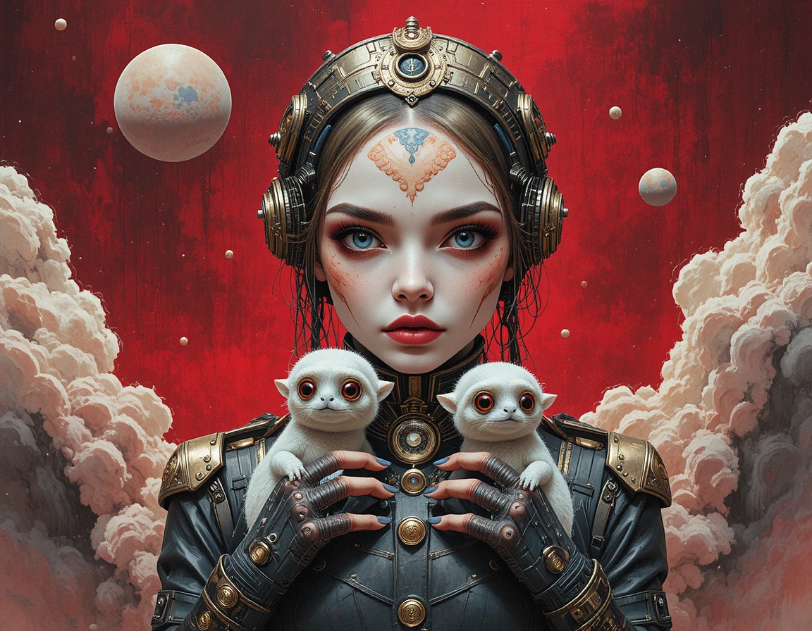 Boneca ciborgue steampunk com rosto de porcelana e coroa de latão