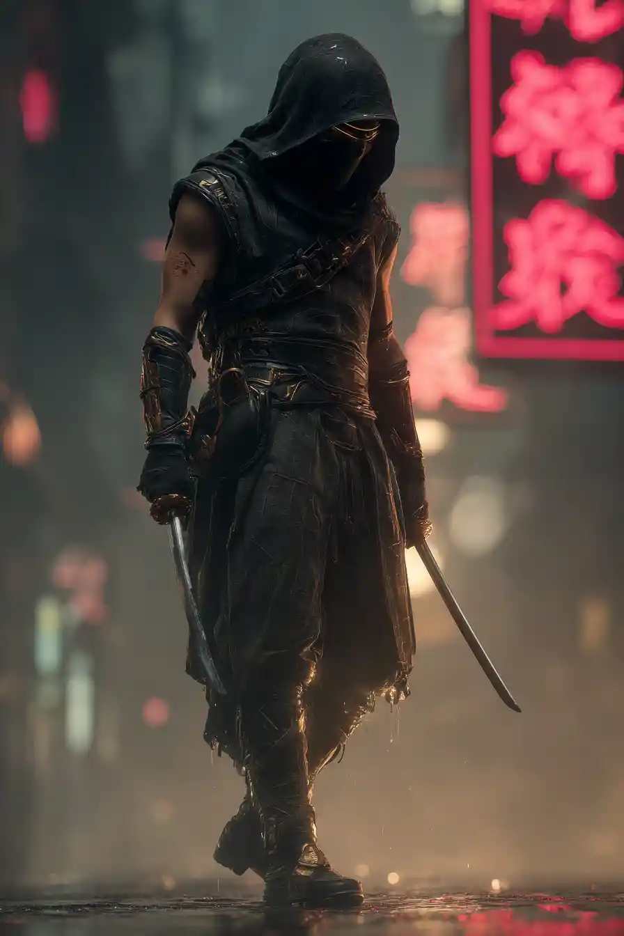 Lone hooded assassin in neon city rain soaked alley