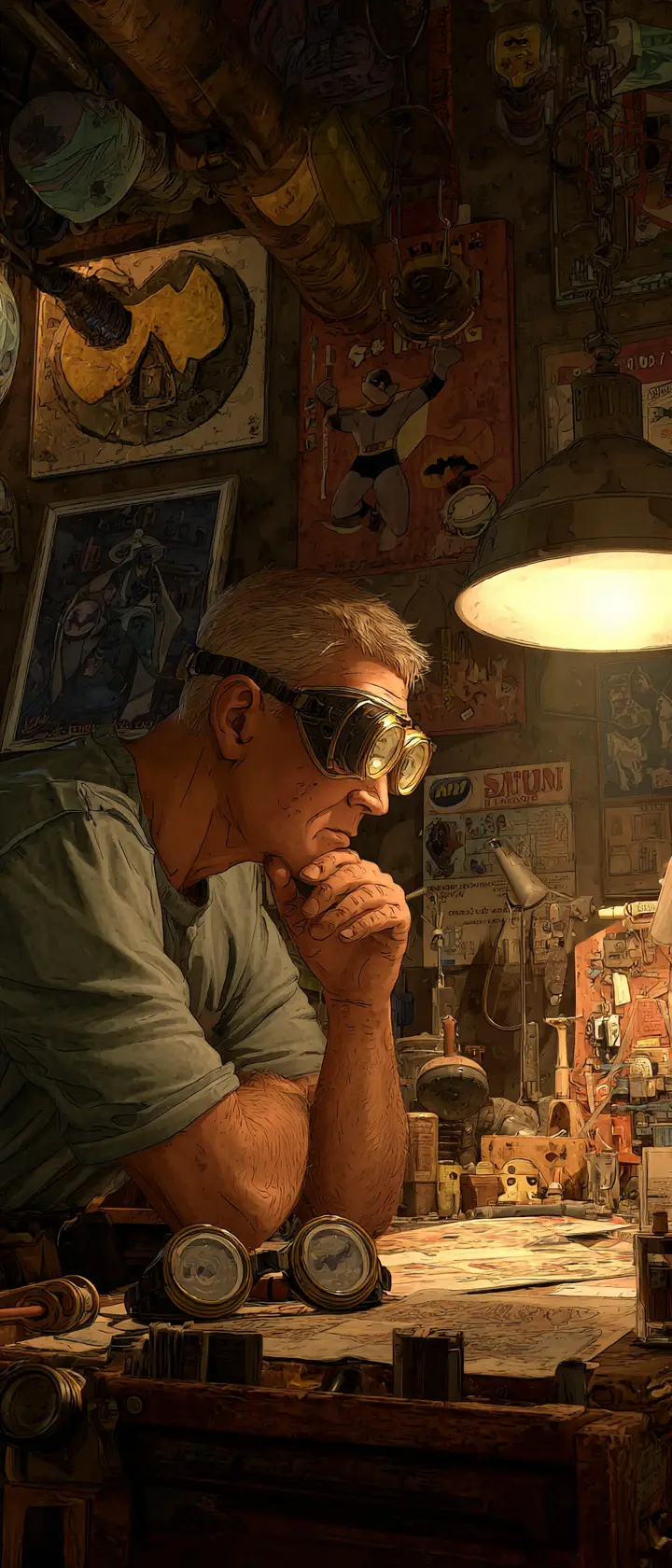Man polishing goggles in a dim basement workshop