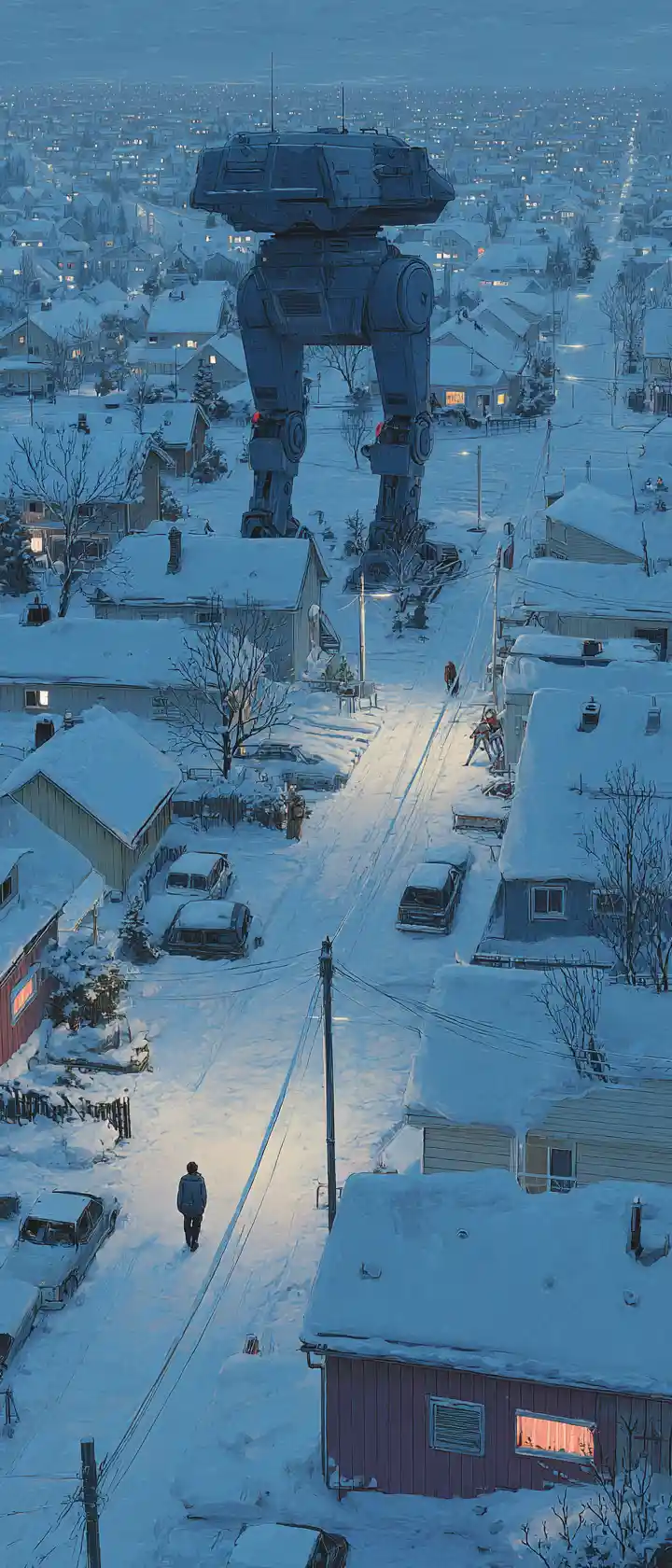 Snowy swedish suburb with towering street robots at dusk