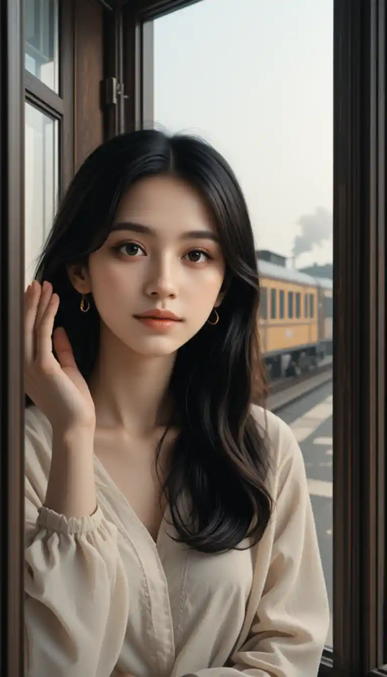 Young woman in soft morning light at train window