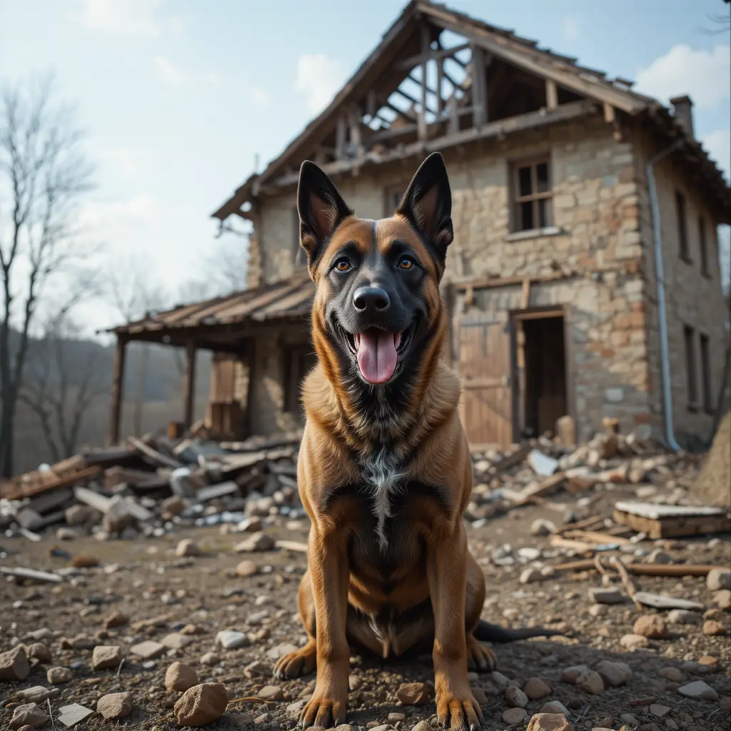 Malinois dog sitting before a nearly destroyed house