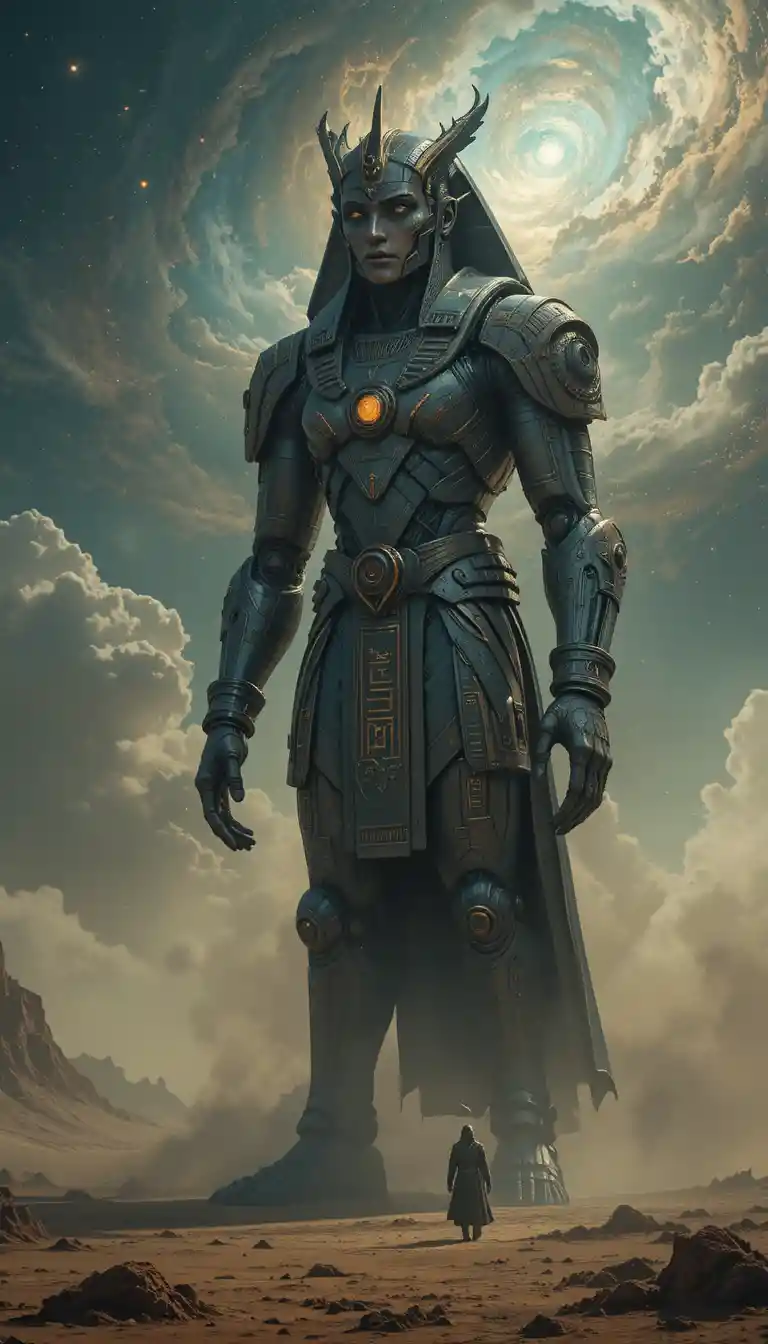 Ancient deity automaton guarding a desolate alien plain