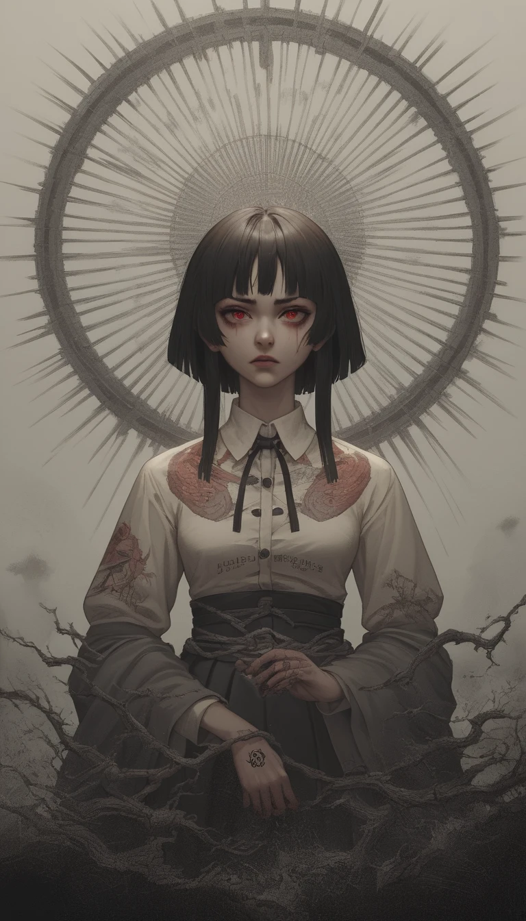 Tattooed Japanese schoolgirl in a harsh authoritarian hallway