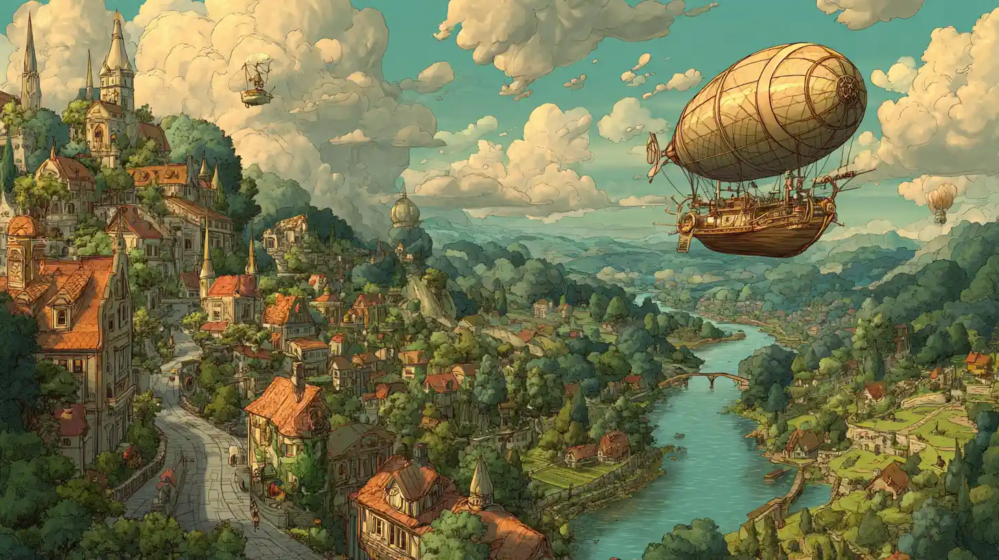 Ville steampunk fantaisiste dans une luxuriante vallée dorée