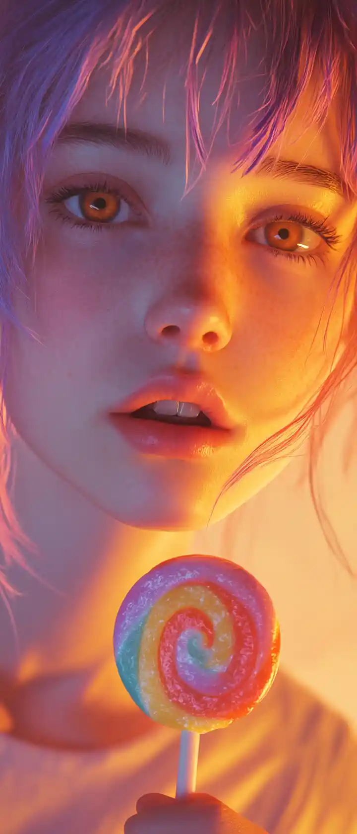 Emo girl with purple hair holding a colorful lollipop