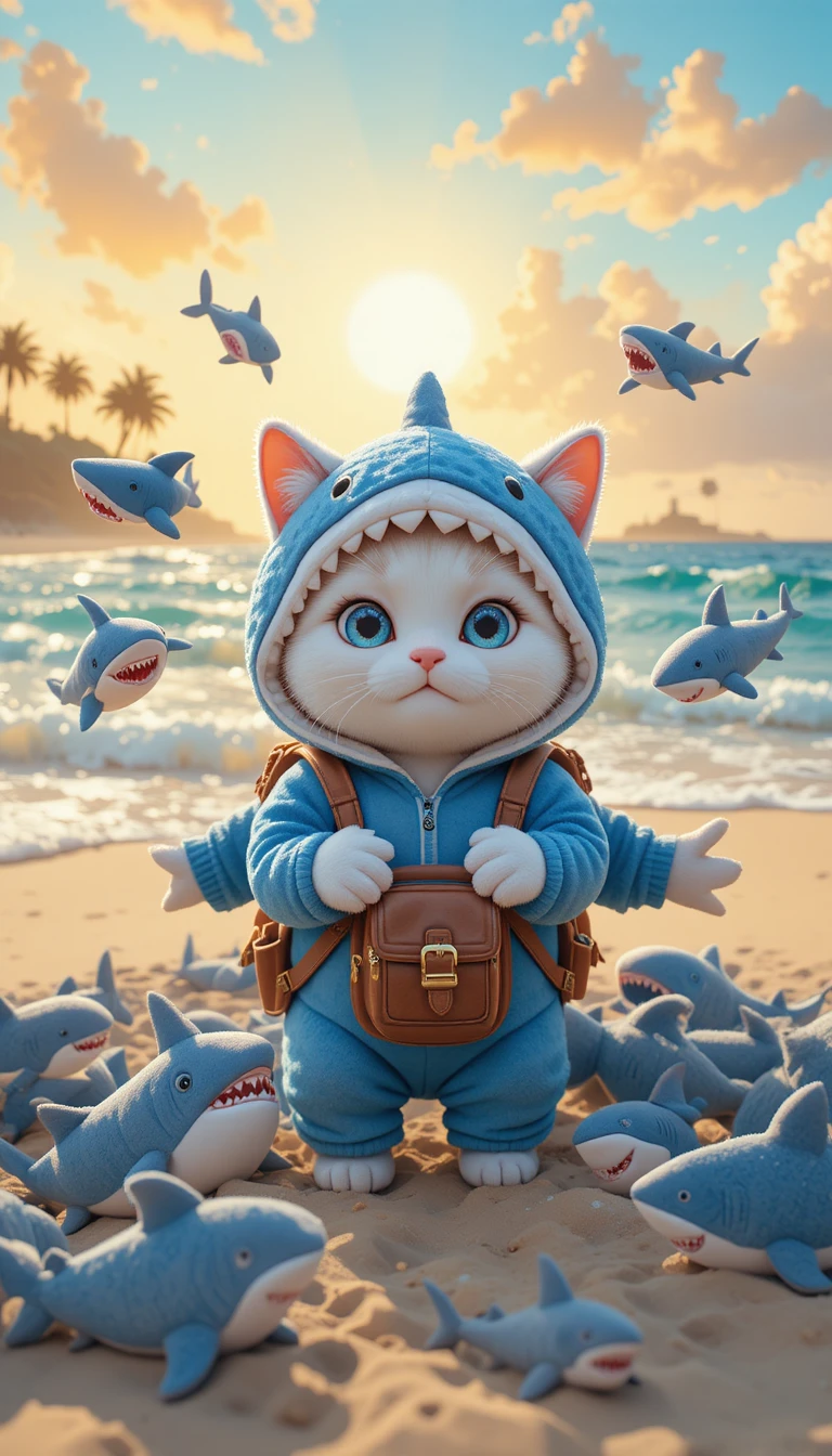 Cute shark onesie cat surrounded by plush toys on beach