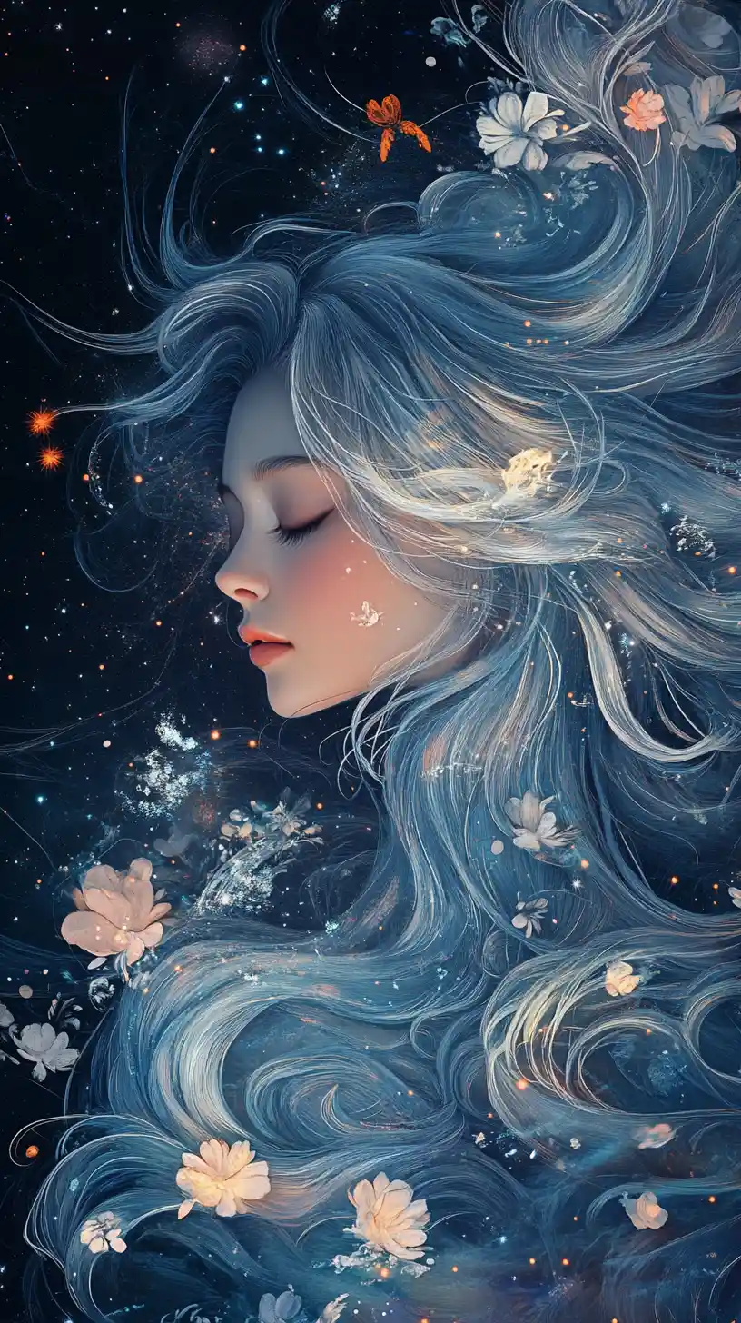 Ethereal silver haired goddess in swirling cosmic dust