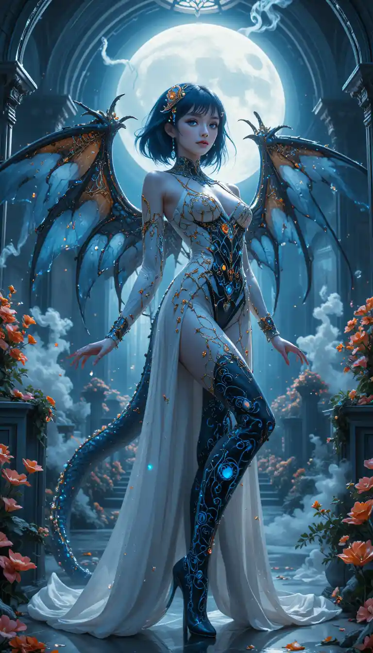 Mythical girl before a white palace and shimmering river