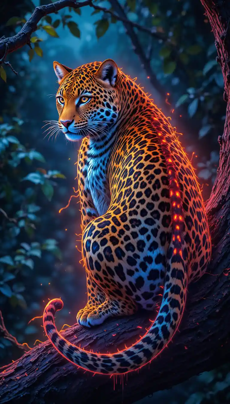 Leopard Resting On Tree Branch In Neon Airbrush Style