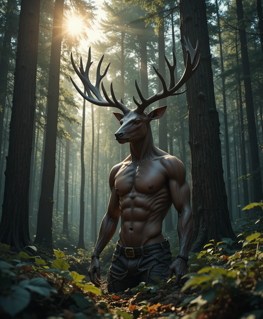 Cerf anthropomorphe musclé se relaxant dans une forêt baignée de soleil