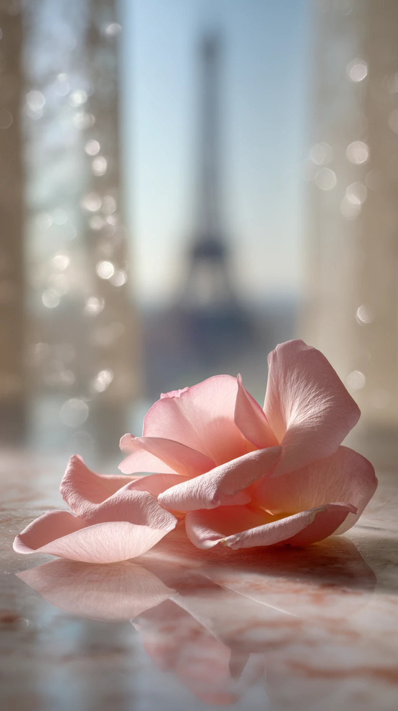 Soffice petali di rosa rosa su marmo riflettente a Parigi