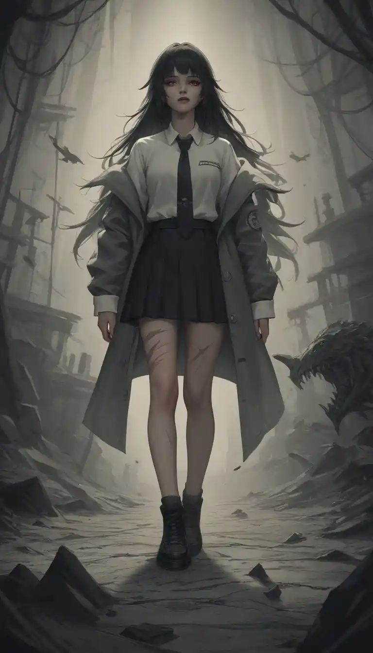 Tattooed Japanese schoolgirl in harsh fluorescent school hallway