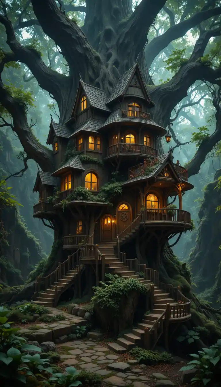 Gemütliches Fantasy-Baumhaus, das in einem uralten Wald leuchtet