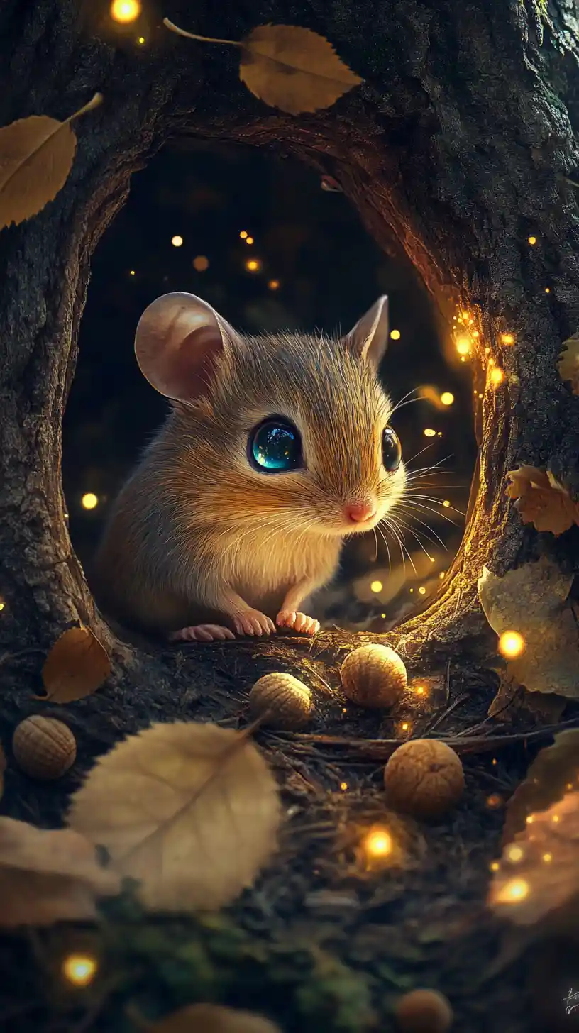 Tiny mouse in a glowing fantasy forest hollow at night