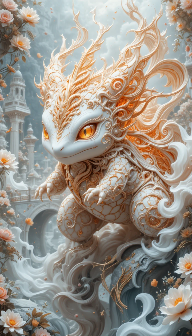 白色奇幻宮殿旁的優雅神話生物