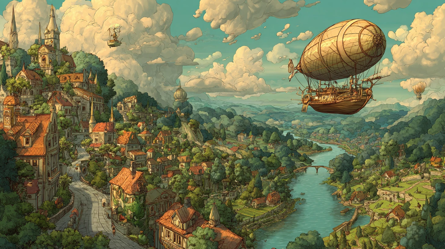 Ville steampunk fantaisiste dans une luxuriante vallée dorée