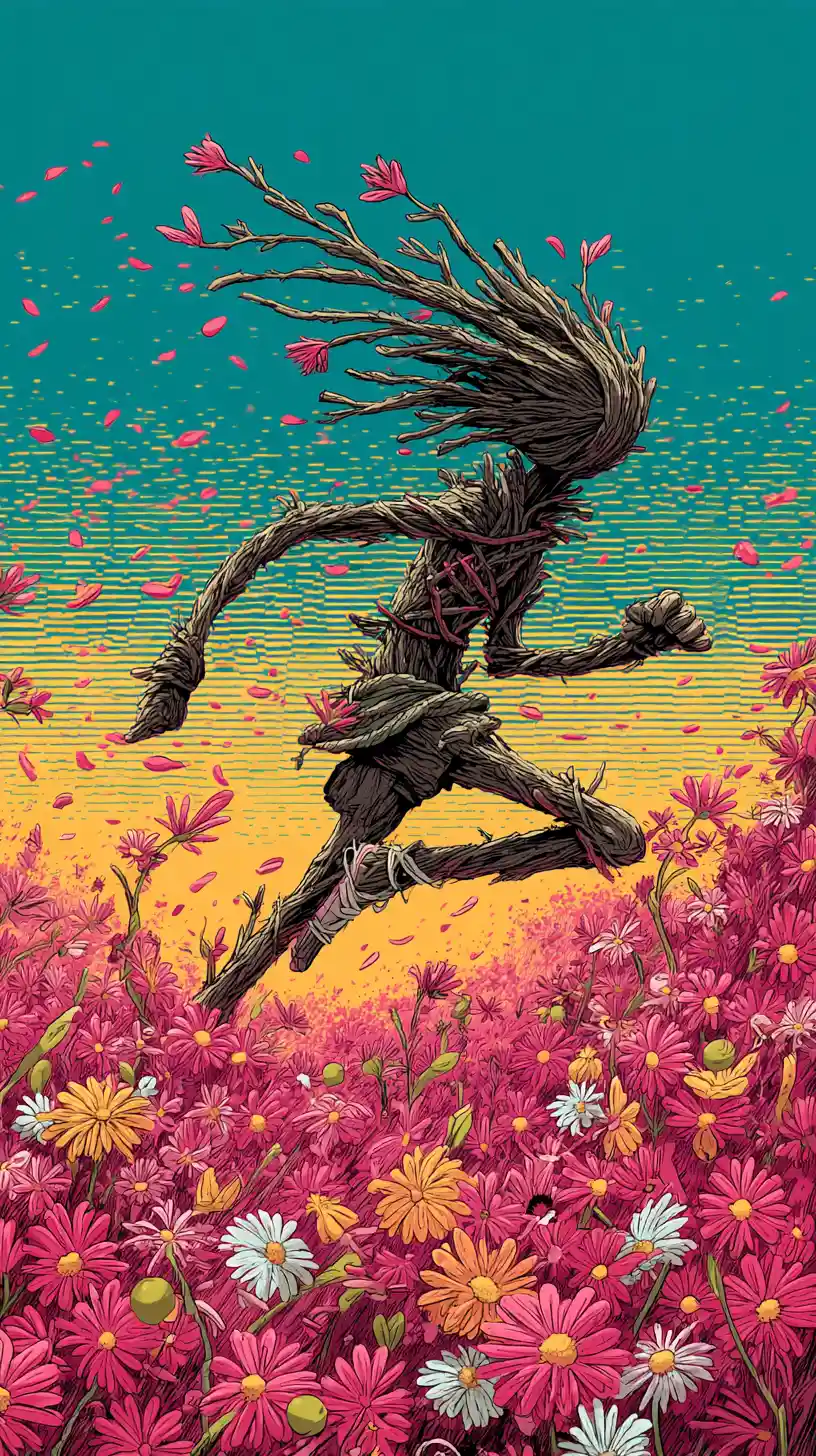 Stick figure sprinting through a colorful flower meadow