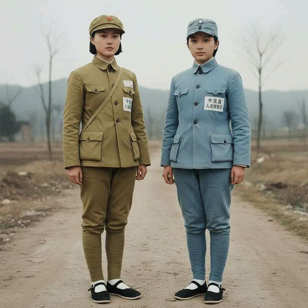 Young Chinese women soldiers in wartime uniforms standing together