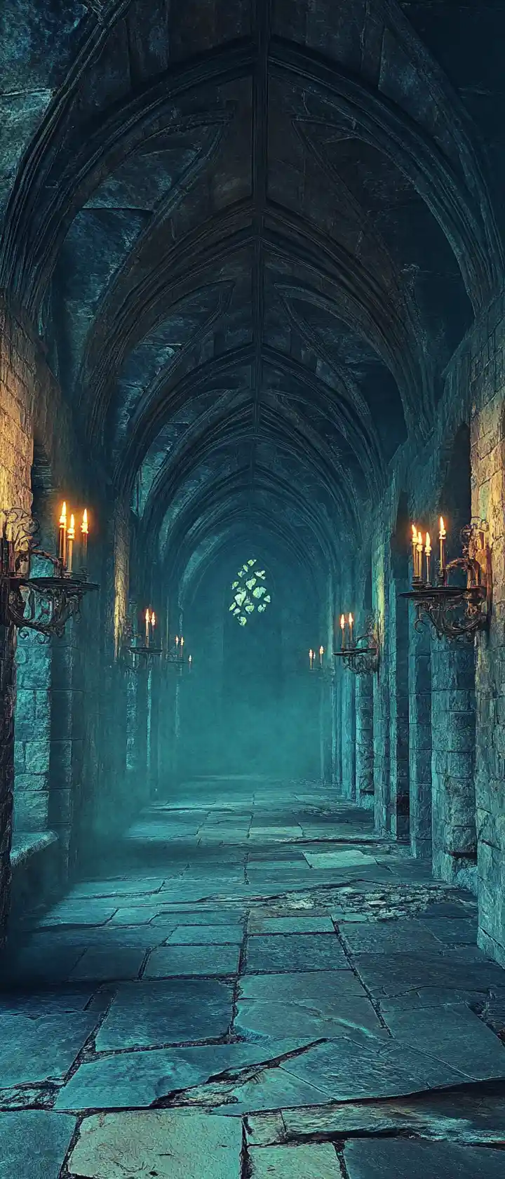 Deserted Gothic Stone Corridor With Candlelit Arches
